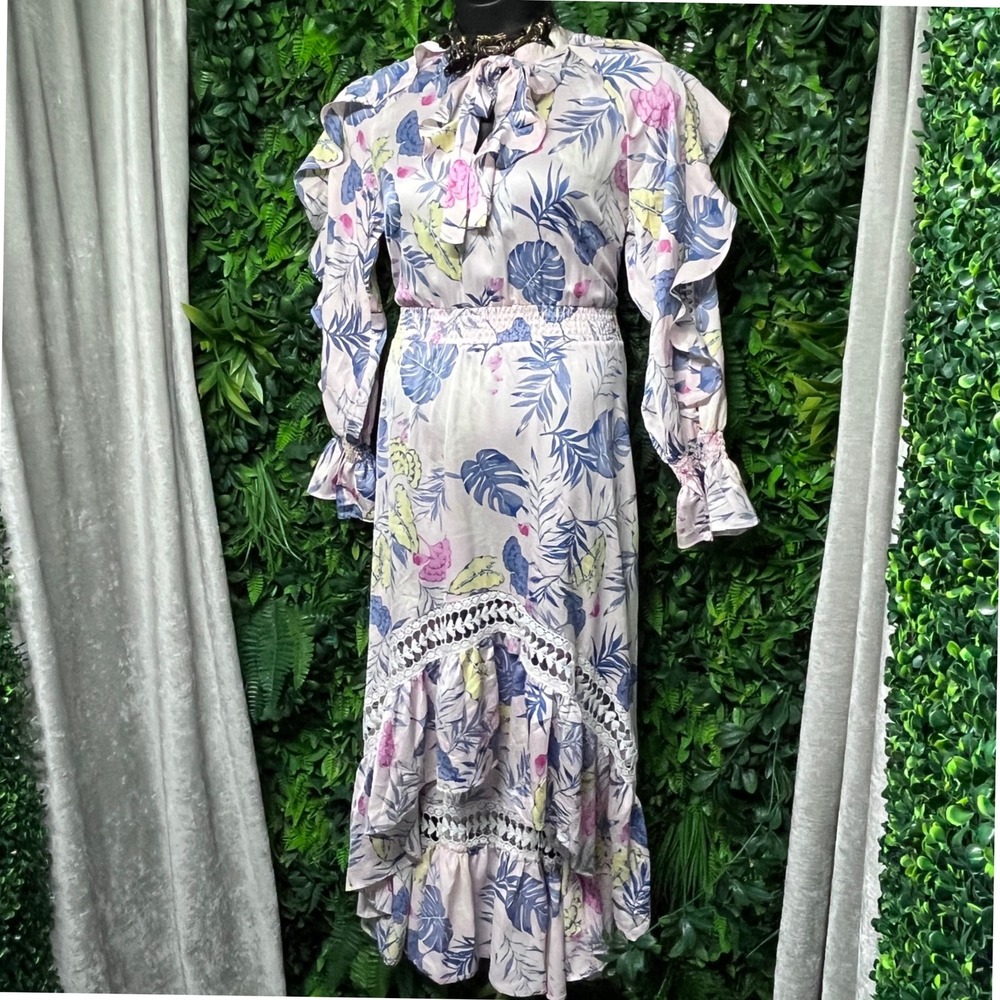 Denimland Dress Women's Large Pink Floral Ruffle Maxi Tie Neck‎ Long Sleeve 2995